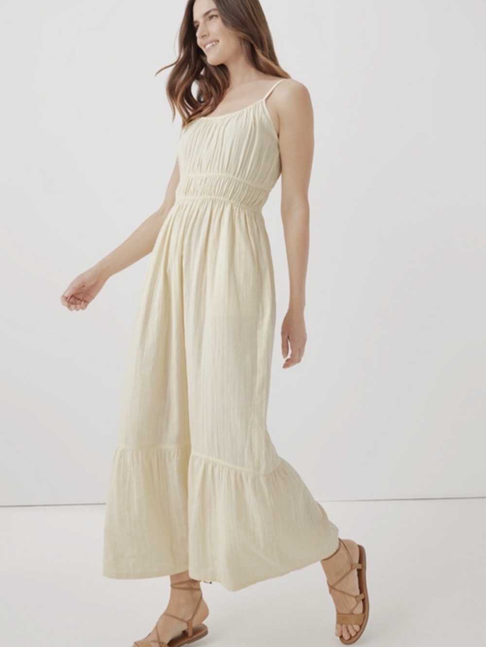 Pact Coastal Double Gauze Organic Cotton Maxi Dress Boho Yellow Sleeveless Small